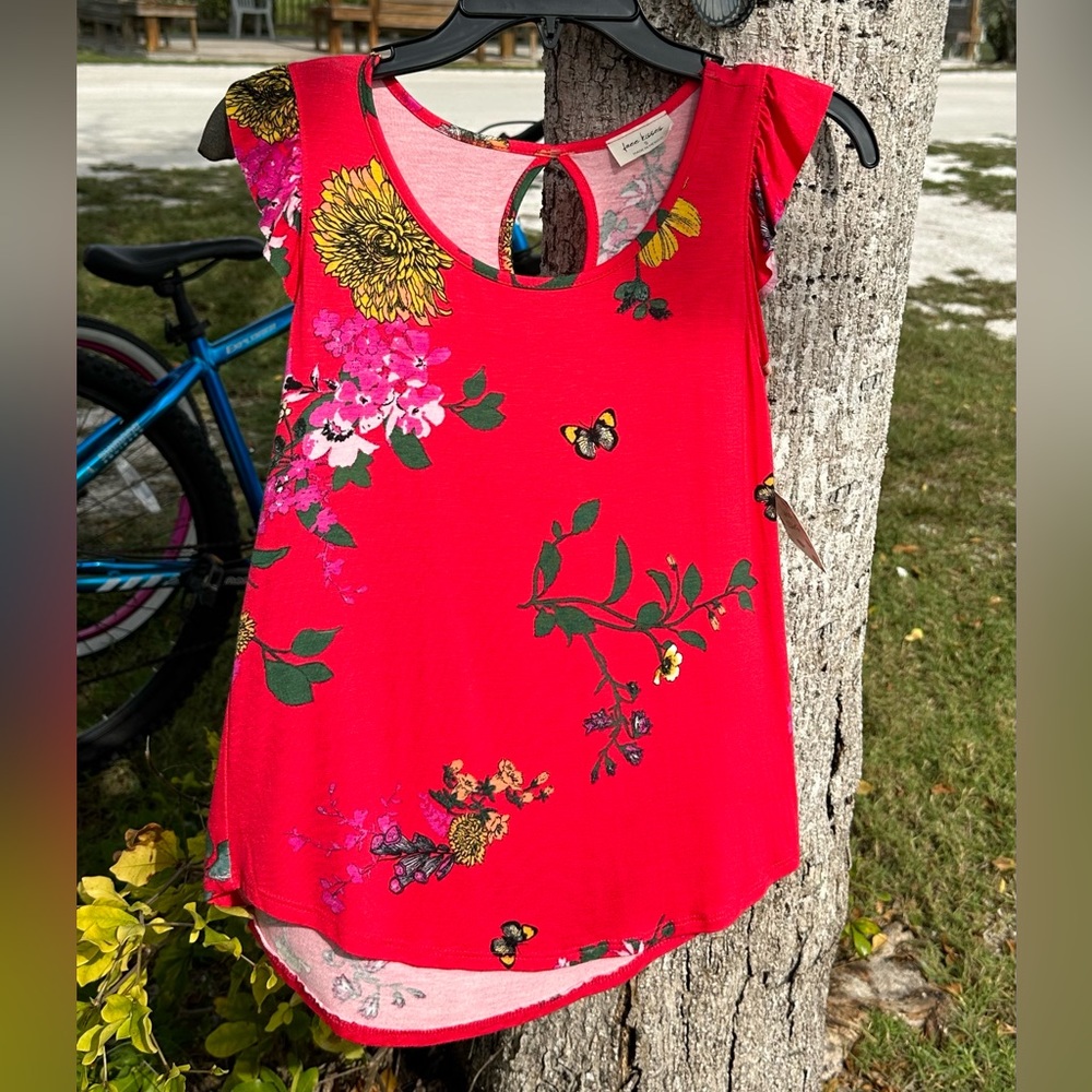 Free Kisses BLOUSE Women S Vermillion Floral Stretch Ruffle Sleeve Peekaboo Back - Picture 2 of 5